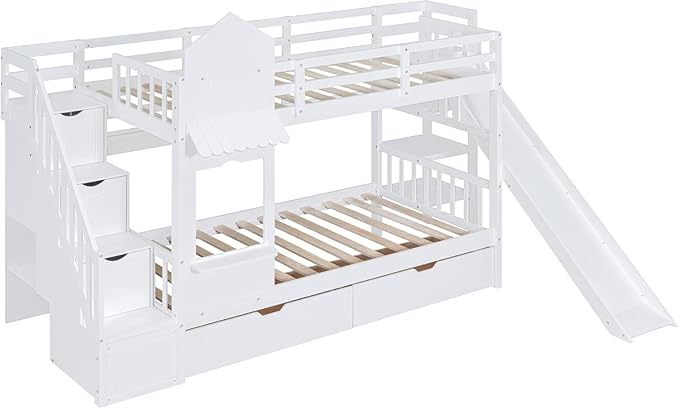 MERITLINE Twin Over Twin Castle Bunk Bed with Slide,Stairs and Drawers,Solid Wood Floor House Princess Bunk Bed with Storage Shelves (White)