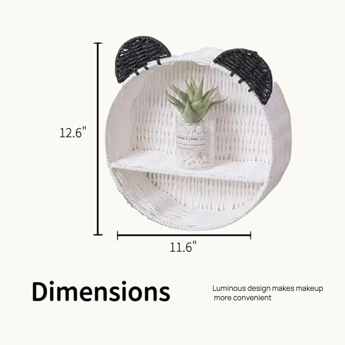 Wicker Wall Shelf, Round Rattan Hanging Organizer with Black Ears, Cute Nursery Wall Decor for Kids Room, Baby Bedroom Storage Rack, Small Floating Shelf for Plants, Toys & Home Décor