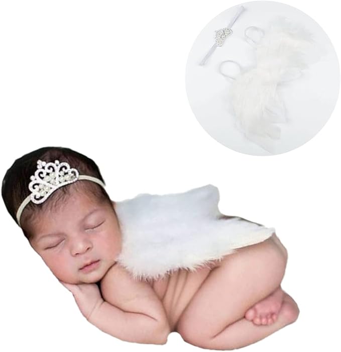 Nishine 2 PACK White Newborn Fuzzy Feather Angel Wings + Headband Set for Baby Cosplay Girls Costume Photography