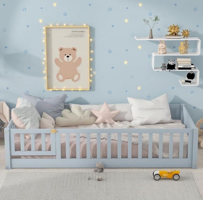Bellemave Twin Size Floor Bed for Kids, Girls, Boys, Rubber Wood Floor Bed with slats and Door, Grey