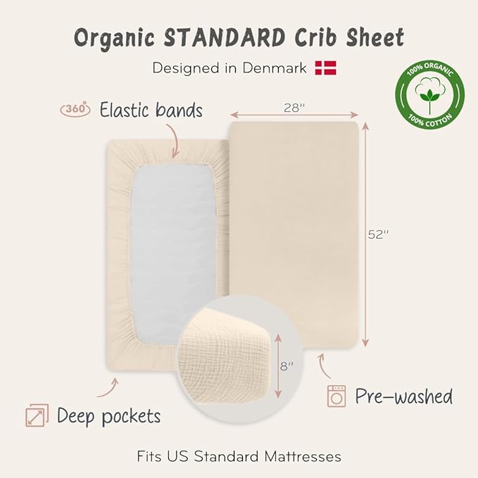 Crib Sheets – Organic Cotton Muslin Fitted Crib Sheet – Standard Size for Baby Boy and Baby Girl 28" x 52" Ultra-Soft and Breathable. 2-Pack (Fog/Tradewinds)