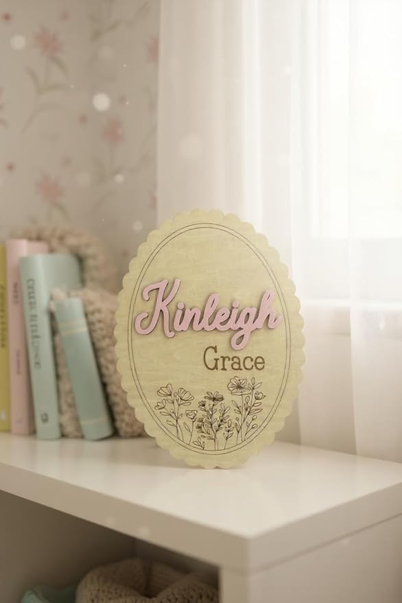 Personalized 3D Baby Name Sign with Floral Design, Scallop Engraved Birth Announcement Plaque, Baby Shower - Newborn Keepsake (Name Sign)