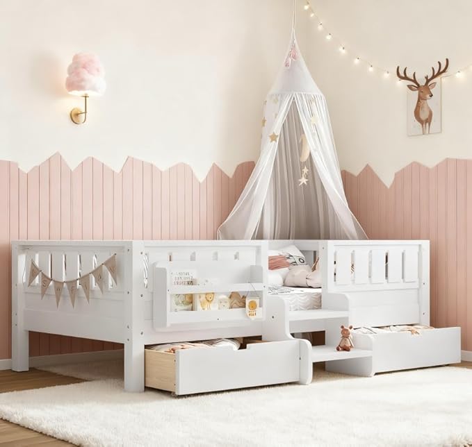 Bellemave Twin Size Kids Bed with high Rails and with Built-in Bookshelf and Drawers for Kids, Girls, Boys, Wood Montessori Bed Without Door, White