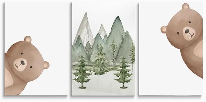 Peeking Bear Nursery Wall Decor, Woodland Nursery Nature Print, Neutral Baby Animals Wall Art for Kid Bedroom, Forest Mountain Wall Art for Baby Boy Girl Bedroom, Framed Canvas, 16"x24"x3
