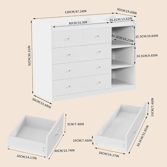 Diaper Changing Station Nursery Organizer Baby Classic Nursery Dresser with 5 Drawers and 3 Shelves Multi-Functional Baby Changing Table with Storage Modern (White)