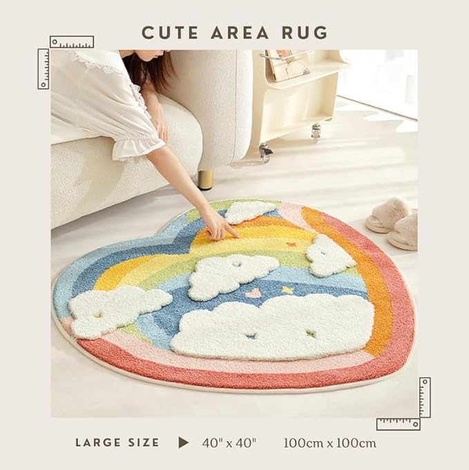 Cute Area Rug, Funny Love Rainbow Area Mats, Shaggy High Pile Non Slip Soft Absorbent Machine Washable Mat, Bedroom Bedside Bathroom Kids Gaming Nursery Room Rugs Home Decor Rug (Rainbow, 40" x 40")