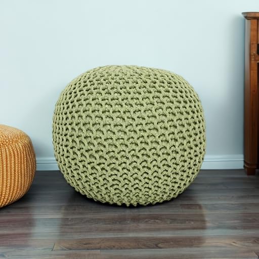 REDEARTH · Round Pouf Foot Stool Ottoman - Cotton Knitted Cord Boho Pouffe - Cable Poof Filled Footrest Stuffed for Living Room - Nursery - Bedroom - Patio - Lounge (19.5"x19.5"x14") - Kiwi