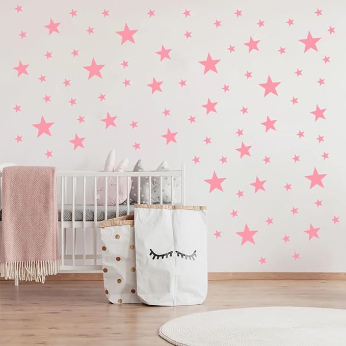Peel and Stick Baby Pink Star Wall Decals – 155 pcs, Reusable & Removable for Easy Room Decor, Perfect for Kids' Bedrooms and Nurseries