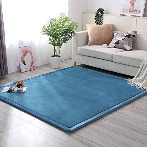 Loartee Coral Velvet Crawling Rug (4'9"x4'9", Blue) for Toddler Children Play Area Rug Yoga Mat Exercise Pad