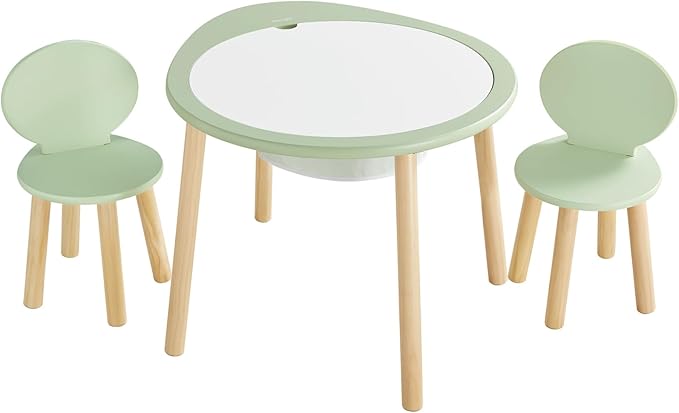 Beright Kids Table and Chairs Set, Kids Wooden Play Table with 2 Chairs, Kids Round Table for Toddlers, Suitable for Bedroom, Playroom and Kids' Room, with Removable Top Panel and Storage Bag, Green