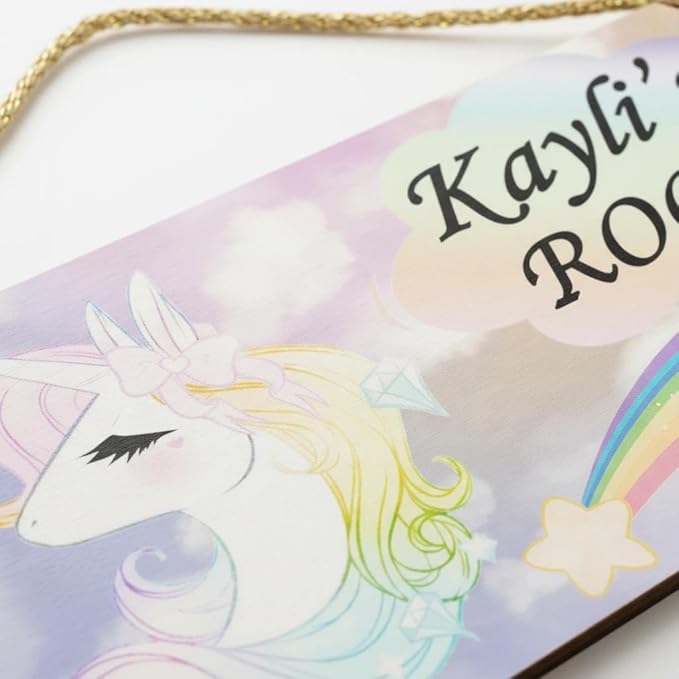 Personalized Name's Pretty Iridescent unicorn with rainbow Nursery Kid's Children's Girls Bedroom Door Sign Wood Plaque Sign Wall Decor Gift