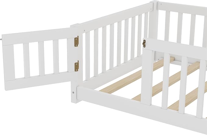 Bellemave Montessori Twin Floor Bed Frame with Fence and Removable Door, Low Profile Twin Size Montessori Bed Frame for Kids, Solid Wooden Floor Beds for Bedroom,Nursery, White