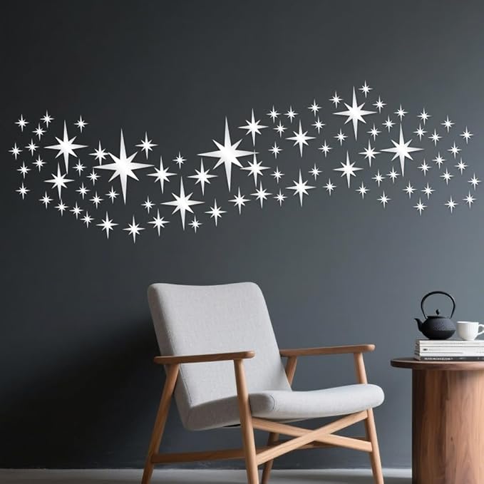 71 Pcs Silver Star Stickers, 3D Acrylic DIY Star Mirror Wall Stickers Decor, Removable Decals Art Self-Adhesive for Home Nursery Classroom Bedroom Interior Wallpaper Background Art Decor