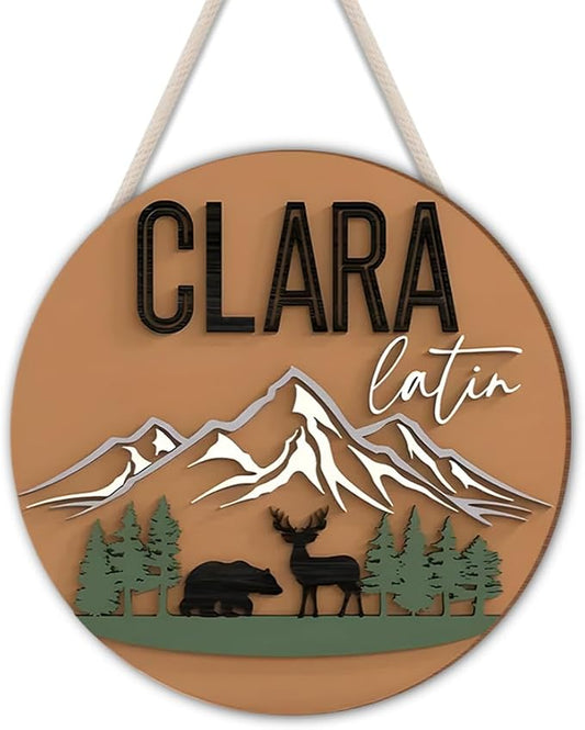 Custom Wood Name Sign for Nursery – Mountain and Wildlife Theme Round Wall Decor –Jungle Hanging On The Door-Custom Bedroom Door Sign Natural Wood Circle