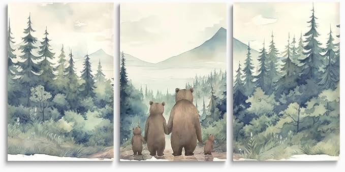 Rustic Bear Family Nursery Decor, Forest Animals Woodland Wall Decor, Love of A Family of Four, Set of 3 Canvas Prints, Landscape Bear Wall Art for Boy's Room Decor, Framed 16"x24"x3