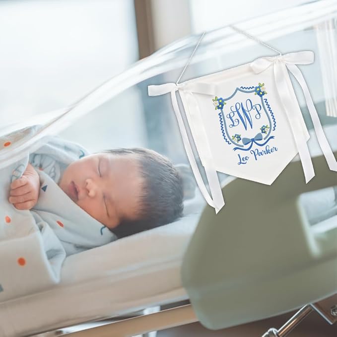 Embroidered Baby Name Sign with Bows Personalized Baby Announcement Sign Newborn Baby Banner Baby Hospital Name Sign Canvas Hanging Pennant Flag Custom Infant Baby Name Baby Shower Banner (02)