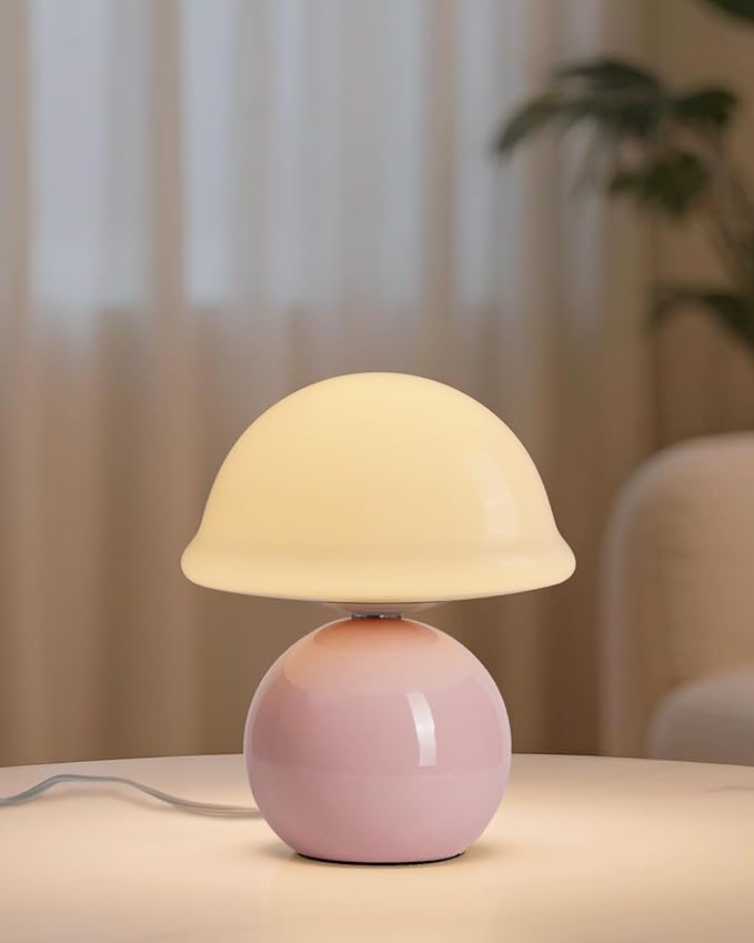 Mushroom Lamp for Bedroom, Cute Small Bedside Table Lamp with Glass Lampshade, Dimmable Nightstand Lamp Mid Century Modern Lamp for Home Living Room Decor (Pink)