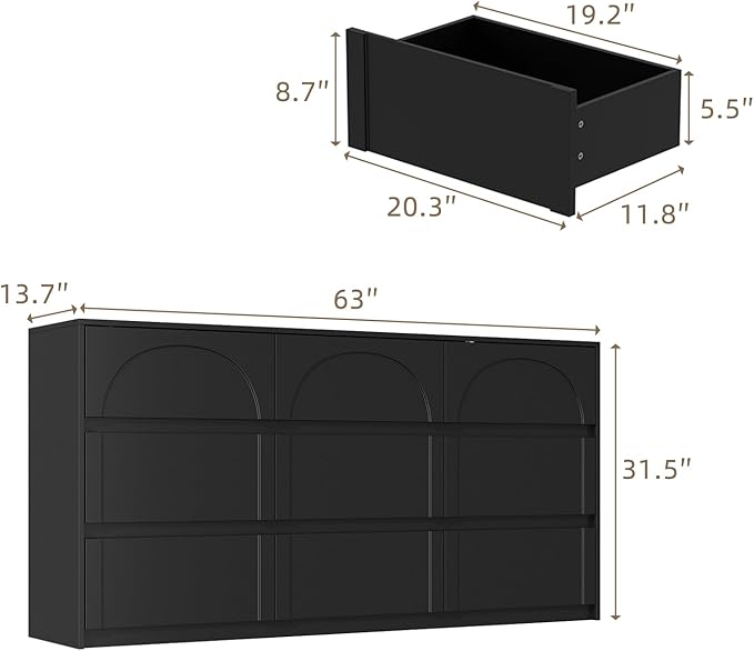 9 Drawer Dresser Chest of Drawers, Modern Black Dresser for Bedroom, 63” Wide Drawer Chest, No Handles, Arch-Shape Pattern, 9 Drawer Cabinet for Living Room, 13.8”D x 63”W x 31.5”H