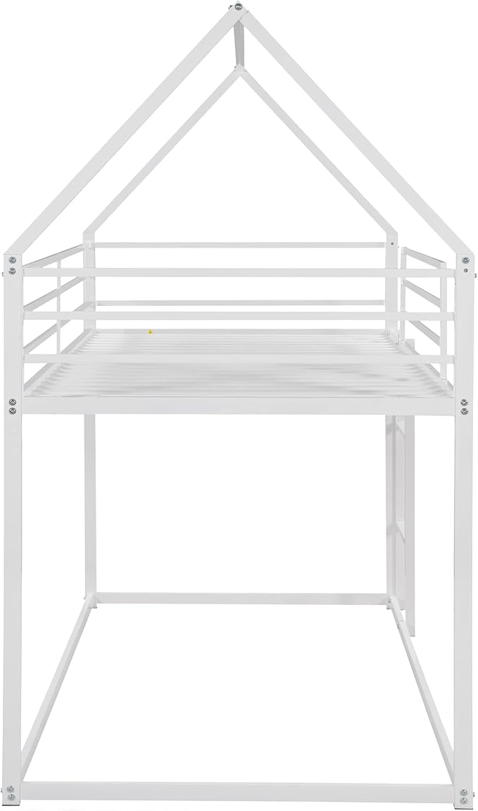 MERITLINE Metal Bunk Bed Twin Over Twin Size House Shaped Bunk Bed Frame Low Bunk Beds for Kids and Toddlers, Twin Size