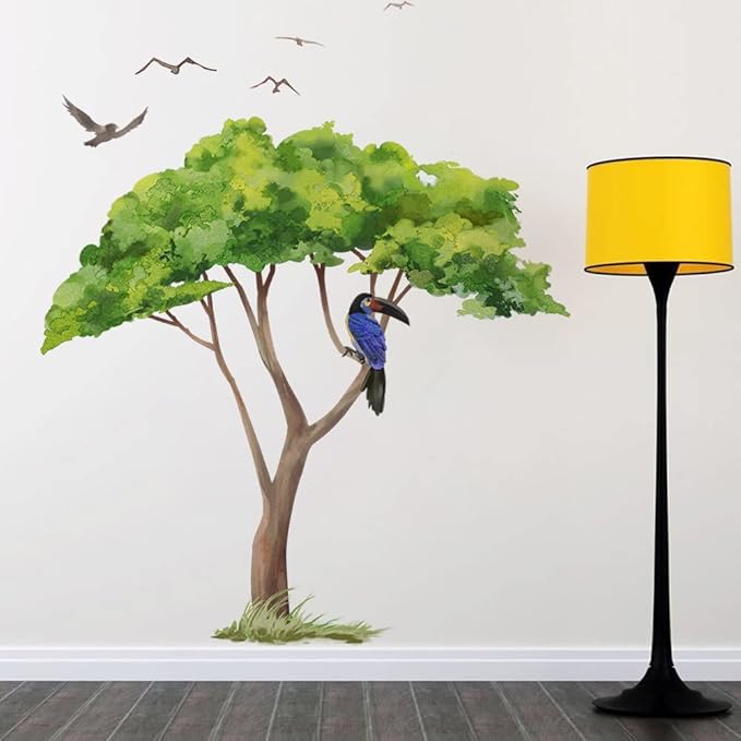 Runtoo Large Safari Tree Wall Decals Green Plant Jungle Wall Stickers Nursery Kids Bedroom Wall Art Decor