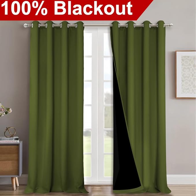 NICETOWN 100% Blackout Curtains for Windows, Pack of 2, 52" W x 108" L, Olive Green, Super Heavy-Duty Black Lined Total Darkness Drapes for Bedroom, Privacy Assured Window Treatment for Patio