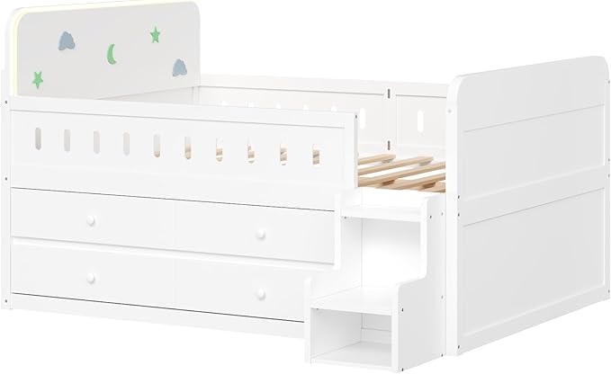 Full Size Platform Bed with Guardrail and 4 Drawers, Wooden Kids Platform Bed Frame with Two-Step Staircases and Light Strip for Boys Girls, Sturdy Slats Support (White-11A)