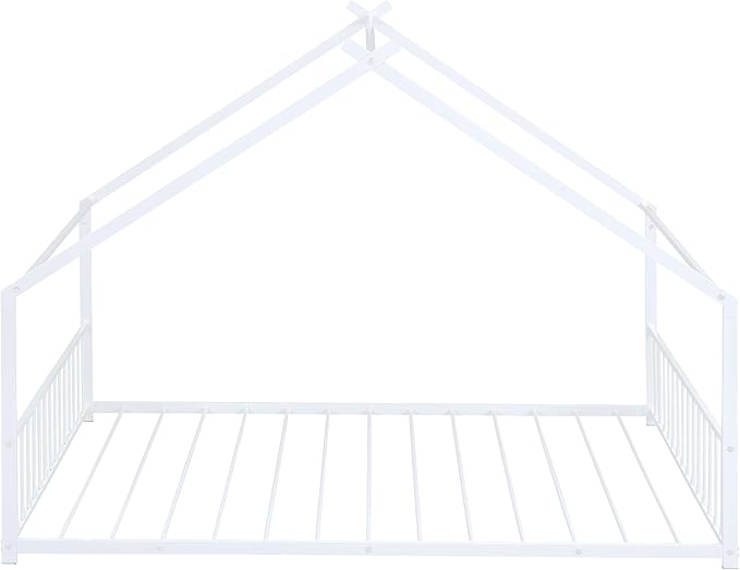 Full Size House Shaped Montessori Platform Beds, Wood Floor Bed Frame with Roof and Fence Deisgn, Kids Double Toddler Bed for Children Boys Girls, Easy Assemble, No Box Spring Needed, White