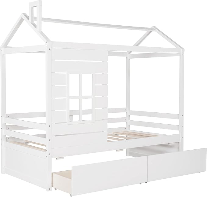 Merax Twin Size House Bed with 2 Drawers, Twin House Shaped Bed Frame for Boys Girls, Wooden Bed Frame Twin Size with Roof, No Box Spring Needed, White