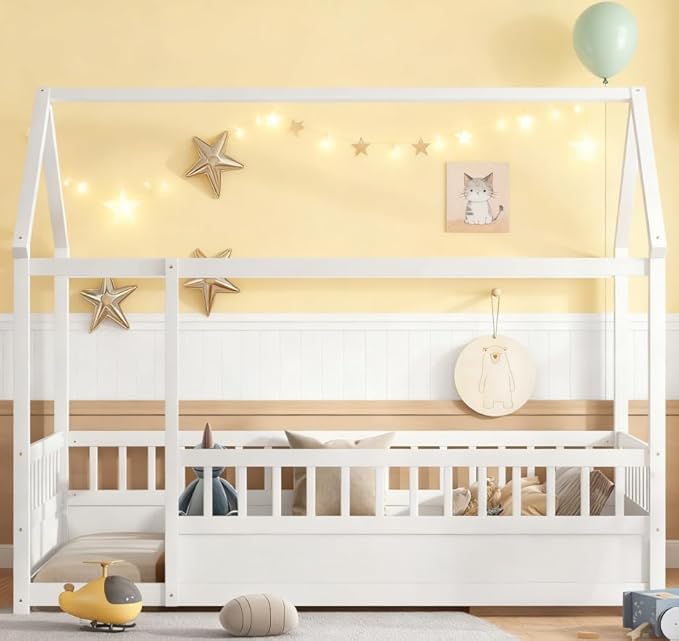 Bellemave Twin House Bed for Kids, Wooden Kids bedframe with Rails and Storage, Montessori Floor beds with high guardrail Without slats, White