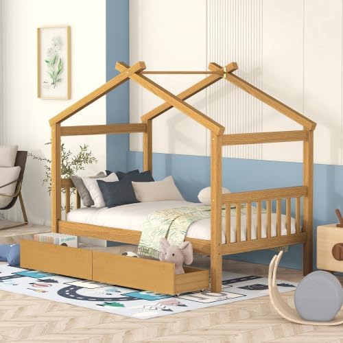 Harper & Bright Designs Twin Size House Bed with Two Drawers, Wooden Kids Twin Bed Frame with Storage, Roof Design, Natural