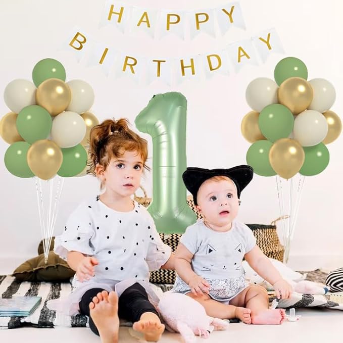 Sage Green First Birthday Decorations For Boys, 40inch Olive Green Number 1 Balloon And Happy Birthday Banner Set With 12inch Sage Green Cream Metallic Gold Balloons For Kids 1st Birthday Decorations