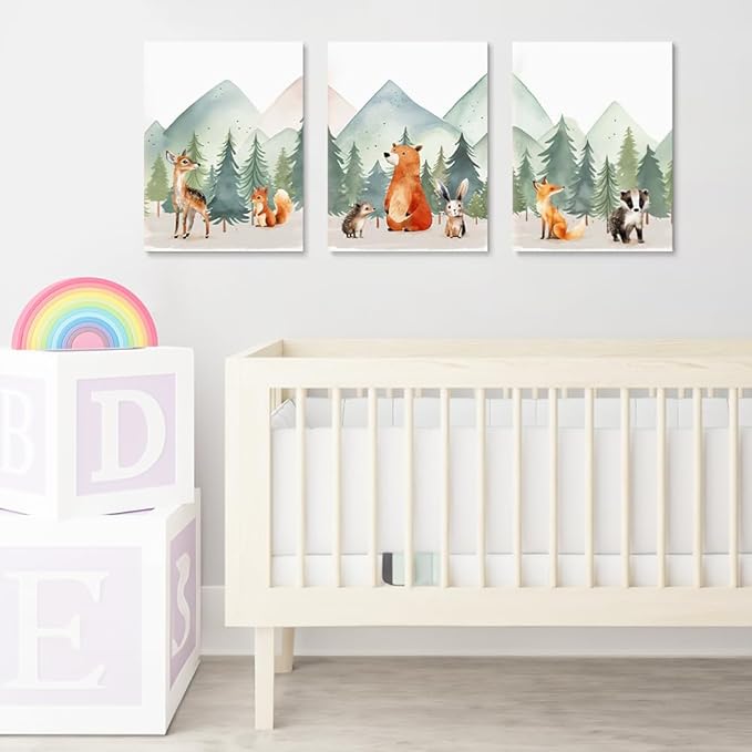 Forest Animals Mountain Adventure Nursery Decor, 3 Piece Watercolor Nusery Wall Art for Boys, Woodland Nursery Wall Decor, Baby Boy Girl Safari Room Wall Art, Framed Canvas, 12"x16"