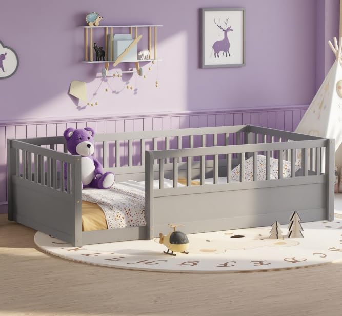 Bellemave Twin Size Floor Bed with high Rails for Kids, Girls, Boys, Wood Montessori Floor Bed Without Door, Gray