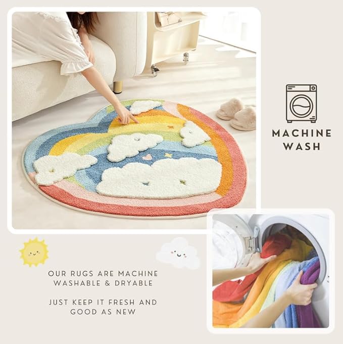 Cute Area Rug, Funny Love Rainbow Area Mats, Shaggy High Pile Non Slip Soft Absorbent Machine Washable Mat, Bedroom Bedside Bathroom Kids Gaming Nursery Room Rugs Home Decor Rug (Rainbow, 40" x 40")