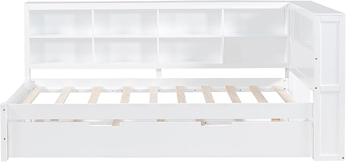 Harper & Bright Designs Twin Size Daybed with Trundle and Charging Station, Wooden Twin Storage Bed Frame with L-Shaped Bookcases, Twin Platform Bed with Shelves for Kids Girls Boys, White