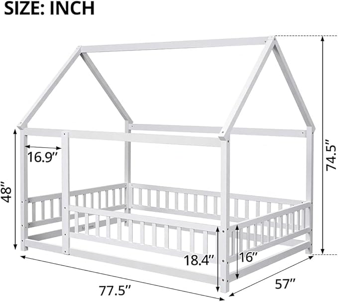 LLS Full Size Floor Bed Frame with Roof Fence, Wooden Montessori House Bed for Boys Girls Bedroom, White Without Slats