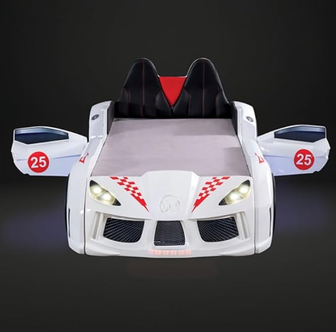 MASARA Race Car Twin Bed with LED Lights, Music Player, Magnetic Doors (White)