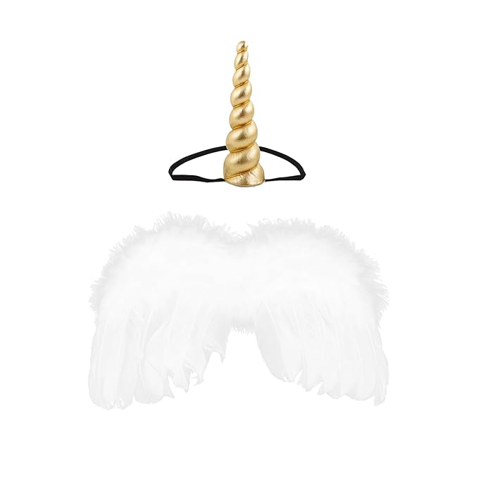 2PCS White Angel Wings With Gold Unicorn Headband For Newborn Infant Photography Props Soft Fairy Feather Wings For Toddlers Kids Girls Gifts(Color D, One Size)