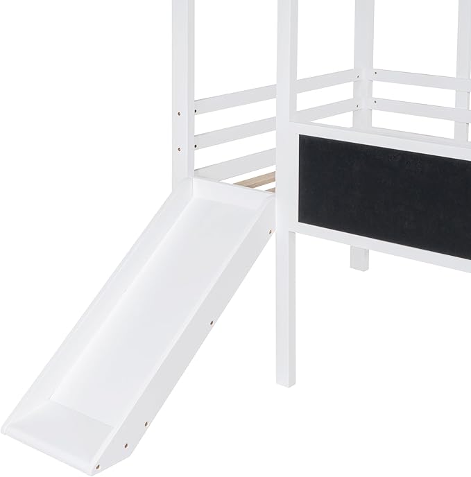 Play Fun Design Twin Size Loft Bed with Ladder and Slide for Kids Boys Girls, Solid Wood House Loft Bed Frame with Blackboard and Light Strip on The Roof, Sturdy Slat Support (White-6)