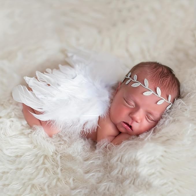Holibeat 0-6M Baby White Fairy Feather Angel Wings with a Headband Newborn Photography Posing Props (White)