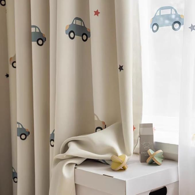 Cartoon Car Patterned Curtains for Boys Bedroom Printed Room Darkening Blackout Curtain Drapes for Nursery Grommet Car Curtains 1 Panel W52 x L84 Inch