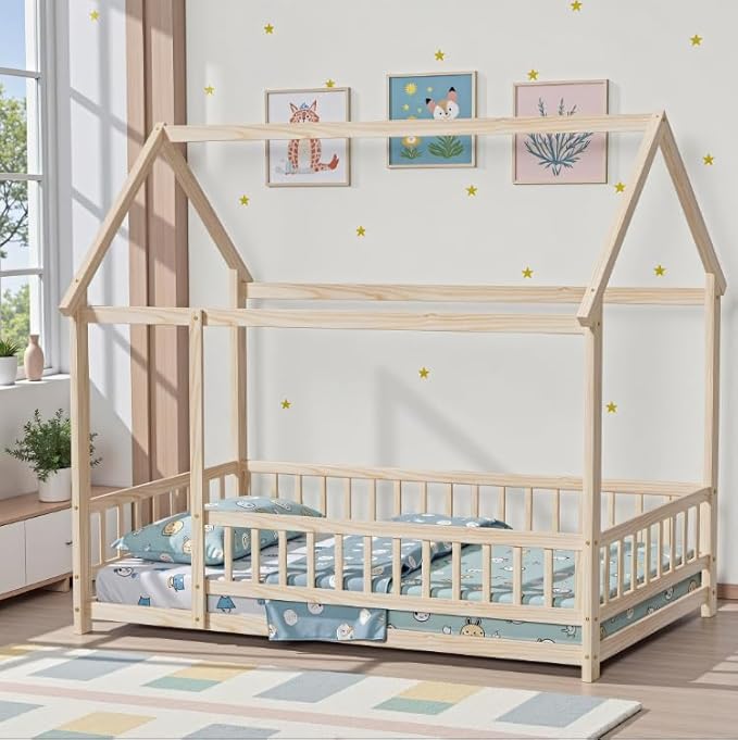 LLS Twin Montessori Bed Frame, Wooden House Bed with Fence and Roof, Floor Bed for Boys Girls Bedroom, Natural