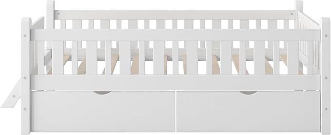 Twin Size Platform Bed with Guardrail and 2 Drawers, Wood Kids Platform Bed Frame with Two-Step Ladder for Boys Girls, Sturdy Slats Support (White-1.26)