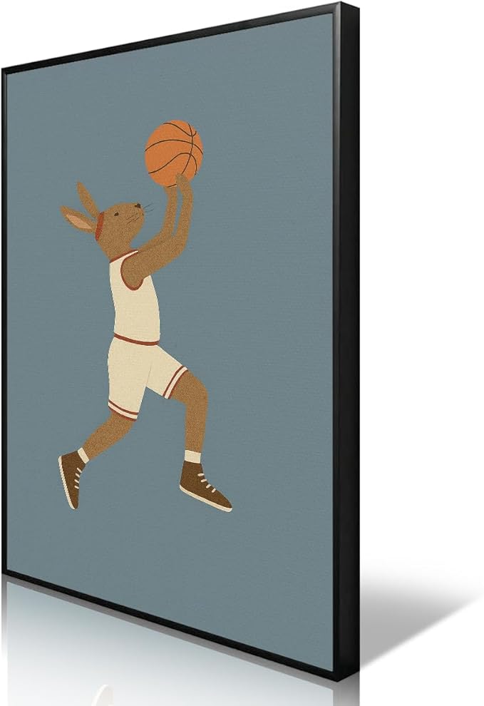 Basketball Canvas Wall Art, Nursery Animal Sports Posters, Bunny Rabbit Athletes Pictures, Positive Quote Print, Kids Bedroom Basketball Court & Hoop Decor 16x24in Framed