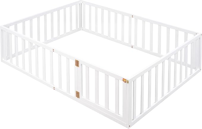 Merax Full Floor Bed with Safety Guardrails and Door, Wood Montessori Floor Bed Frame for Kids, Full Playhouse Bed Frame for Baby Girls and Boys, White