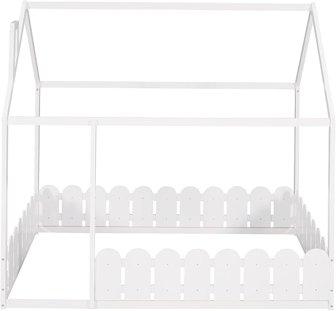 MERITLINE House Bed Wood Full Playhouse Bed Frame with Roof Twin Size House Bed for Girls Boys Kids, Box Spring Needed (White, Full)