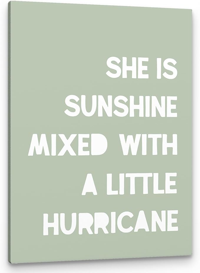 PHAMTE Girls Bedroom Wall Decor,She is Sunshine Mixed with a Little Hurricane Girls Room Wall Art,Sunshine Print Framed Canvas Painting Artwork for Room Bedroom Home Nursery Playroom（11x14 Inch）（pale green）