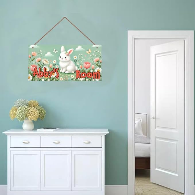 Personalized Sign - Sweet Rabbit and Flowers Door Sign & Wall Art - Flower Sign for Nursery Decor, Kids' Room Decor, Door Signs, Wall Hangers