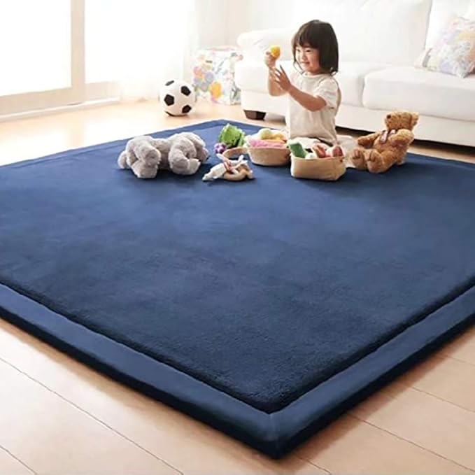 Loartee Nursery Rug Coral Velvet Crawling Rugs Area Rugs Play Mat(6'8"x 6'8", Dark Blue) for Toddler Children Play Mat Yoga Mat Exercise Pads Carpet