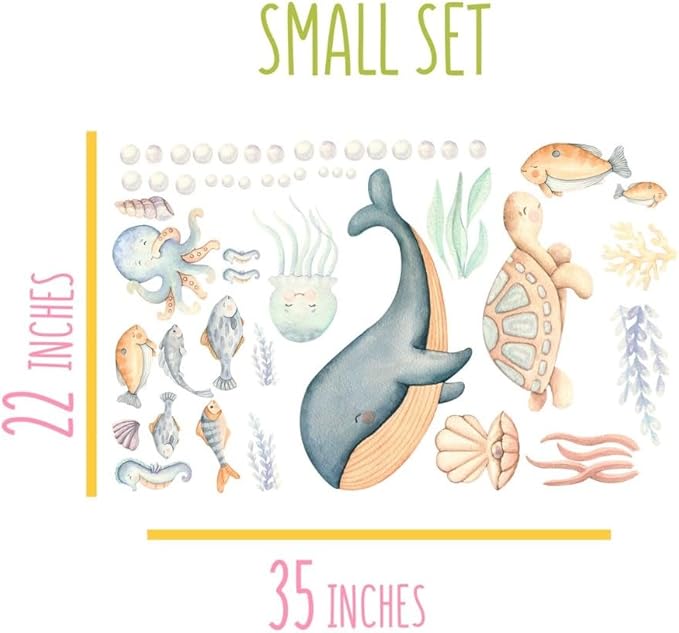 Under The Sea Wall Decals – Sea Life Stickers, Removable Wall Stickers, Watercolor Ocean Animals, Peel & Stick, for Nursery Baby Kids Bedroom Bathroom, Small Set (35" W x 22" H) 50 Pcs